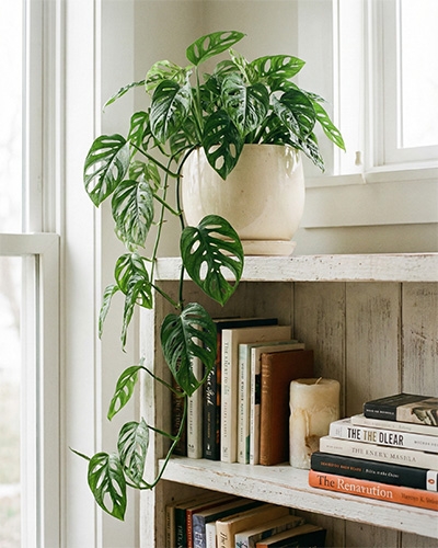 Monstera adansonii en pot, feuillage ajouré, posé sur une étagère près d’une fenêtre lumineuse